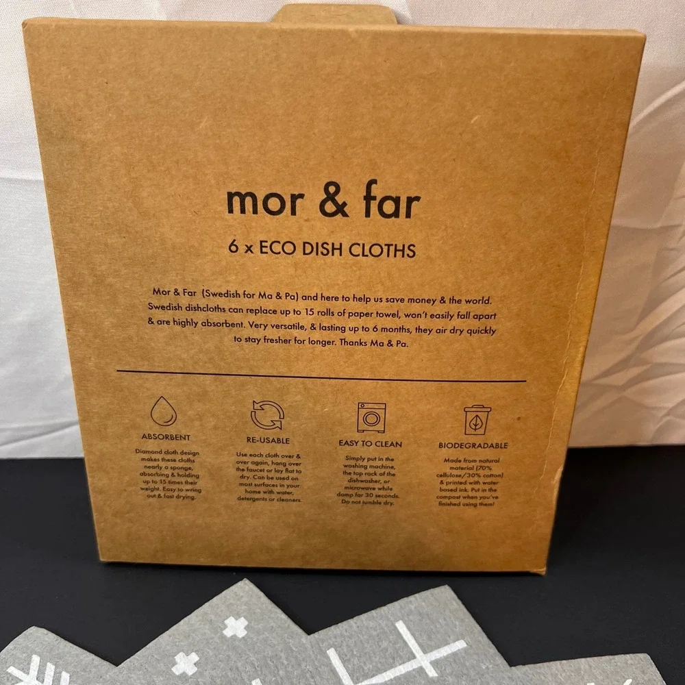 Mor & Far 6 Pack Eco Dish Cloths Unisex Grey NEW‎ Swedish Reusable Cellulose